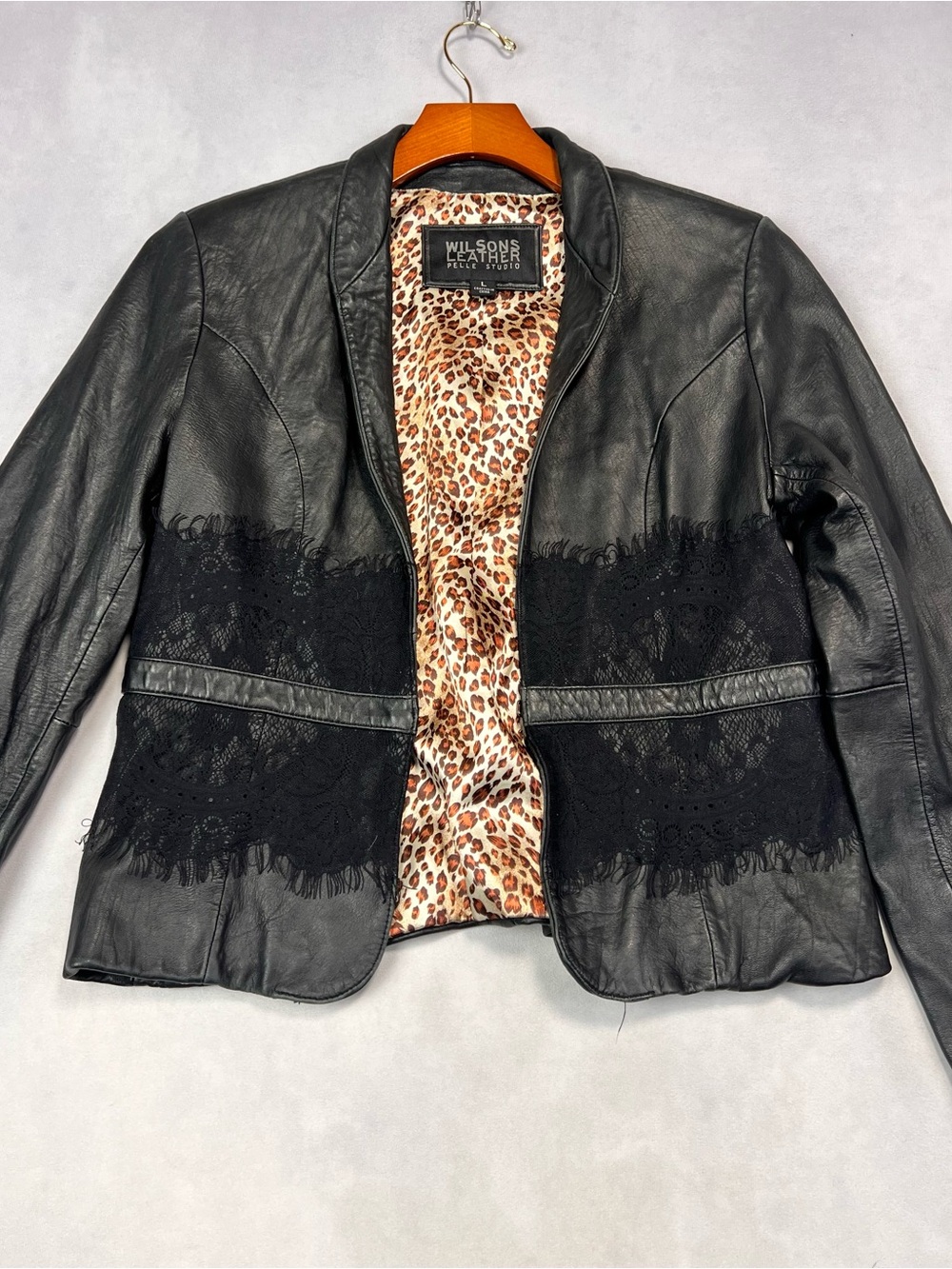 Wilsons Leather Black Lace-Trim Leather Jacket with Leopard Lining